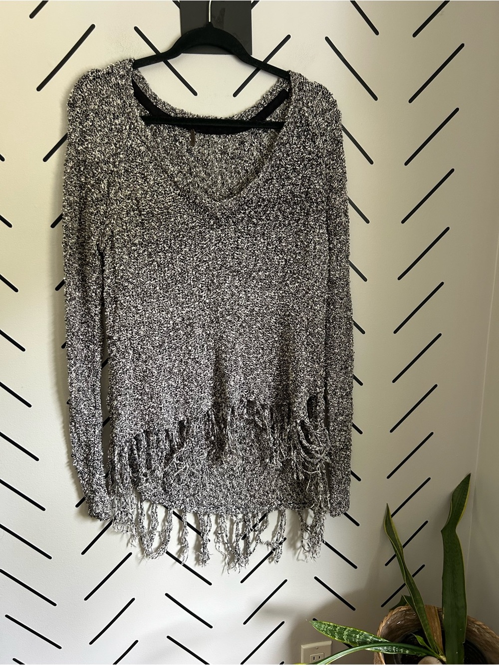 Free people black and white fringe open knit sweater long sleeve boho